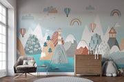 Scandinavian-style mountains wall mural with hot air balloons, rainbows, and cozy landscapes in soft earthy tones – perfect for kids' rooms and nurseries.