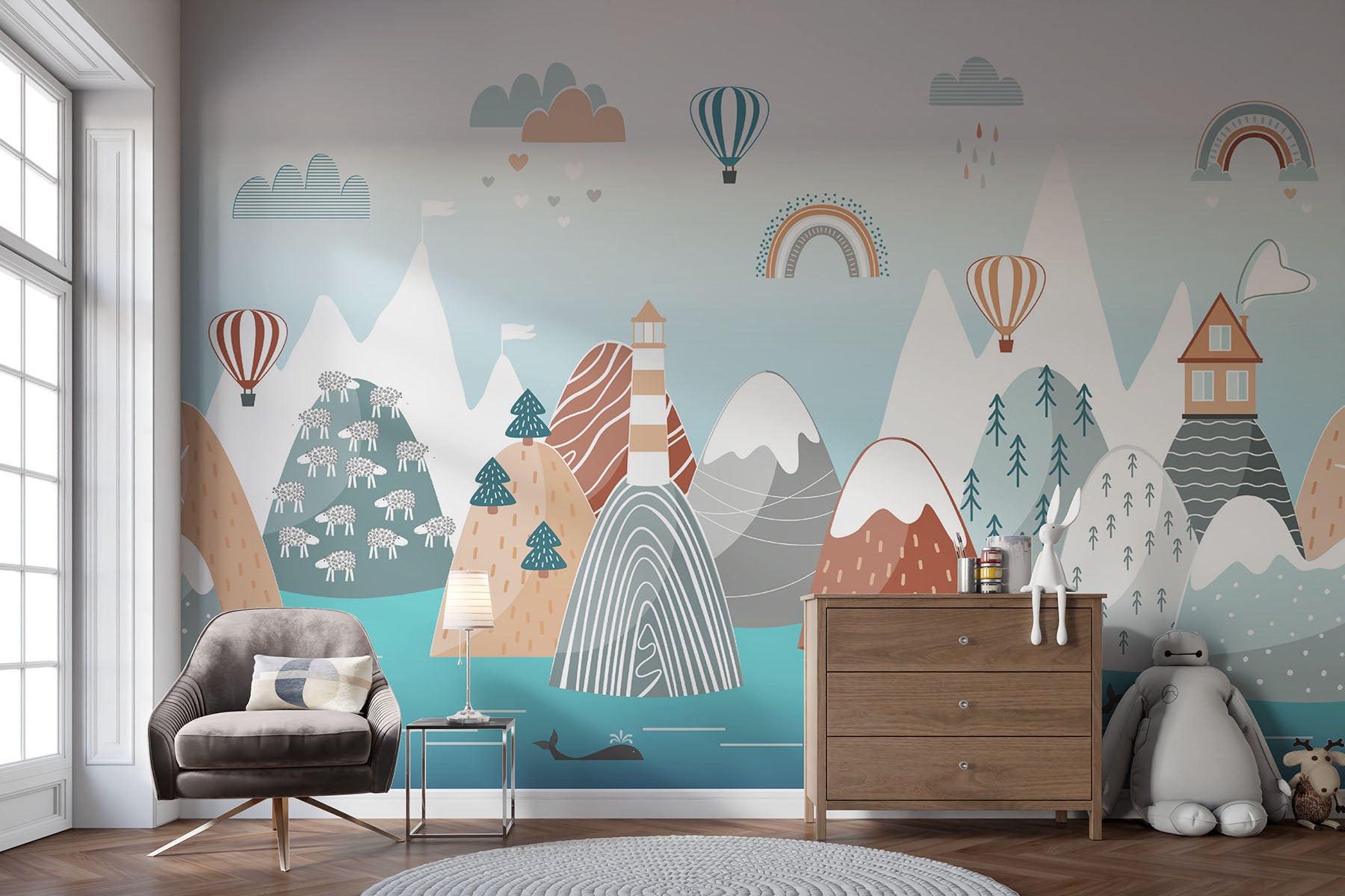 Scandinavian-style mountains wall mural with hot air balloons, rainbows, and cozy landscapes in soft earthy tones – perfect for kids' rooms and nurseries.