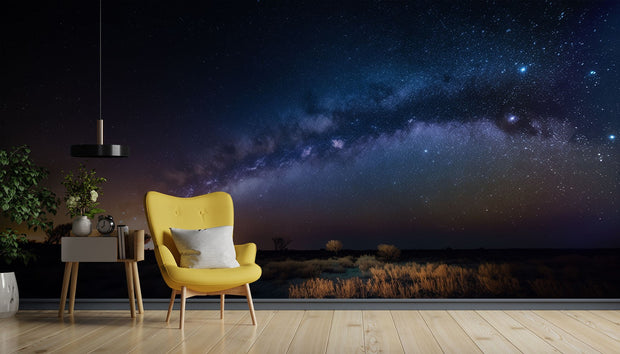 Milky Way Night Sky Wall Mural – Stunning Galaxy Wallpaper Featuring a Starry Sky, Deep Cosmic Blues, and Twilight Horizon for Celestial-Inspired Interiors.