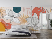 Contemporary bedroom with a panoramic wall mural featuring abstract florals and organic shapes.