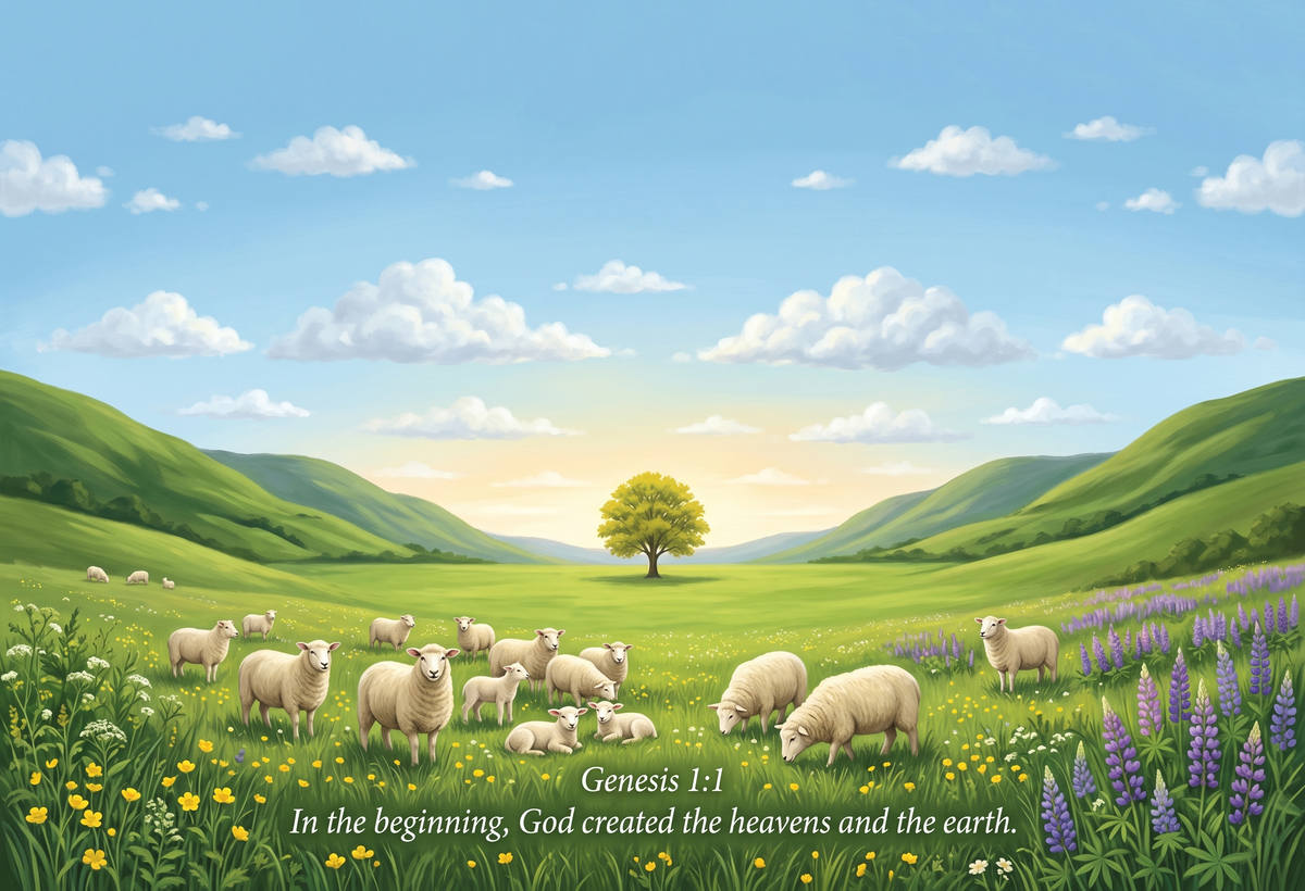 Scenic landscape with sheep, a tree, and flowers under a blue sky with clouds.