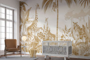 A sophisticated golden jungle wall mural with giraffes, monkeys, and zebras in lush tropical foliage, designed for a safari-themed kid's room or nursery.