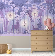 Enchanted forest wall mural with a mystical woodland scene, featuring a silhouetted deer, soft purple hues, glowing lanterns, and delicate foliage – ideal for kids’ rooms and elegant nature-inspired decor.