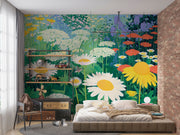 Modern bedroom with a large floral mural on the wall.