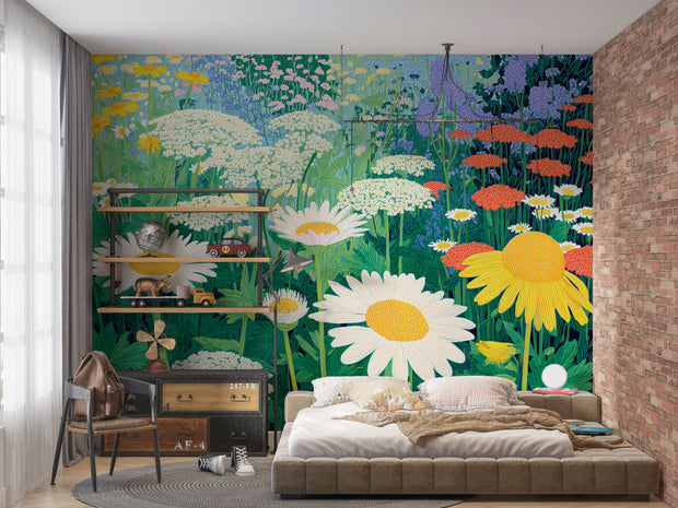 Modern bedroom with a large floral mural on the wall.