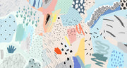 Playful abstract wall mural with colorful brushstrokes, dotted patterns, and modern art elements in a bedroom setting