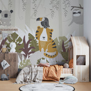 Children's room with a tiger illustration on the wall, wooden bed, and toys.