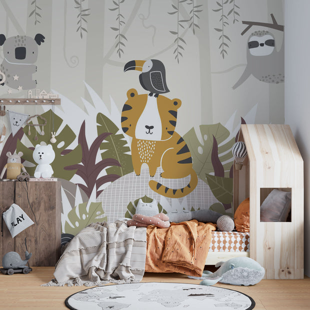 Children's room with a tiger illustration on the wall, wooden bed, and toys.