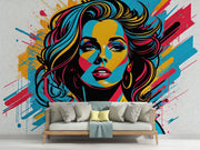 Pop art graffiti mural of a woman, bold and colorful street art wallpaper, vibrant urban wall decor for modern interiors.