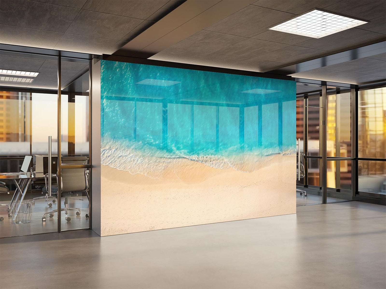 Crystal-clear ocean wave wall mural with turquoise waters and sandy shores, decorating a modern office interior with glass walls and natural lighting.