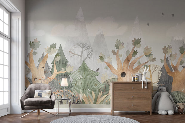 Fantasy Woodland Wall Mural with watercolor pine trees, oak branches, and misty mountains. Perfect nursery or children's room decor.