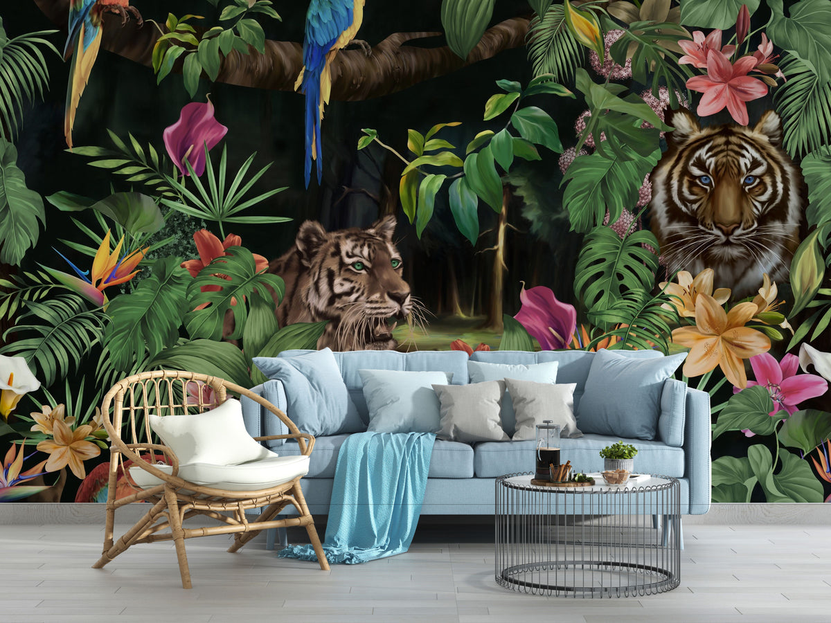 Tigers and parrots tropical jungle wall mural behind a blue sofa