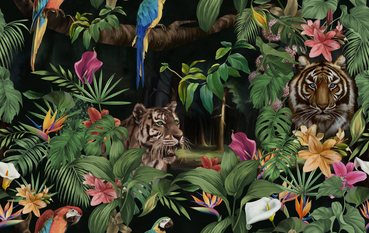 Two tigers and colourful parrots among tropical leaves and flowers on a dark background
