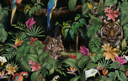 Two tigers and colourful parrots among tropical leaves and flowers on a dark background