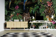 Tigers and parrots tropical jungle wall mural in a bright home office