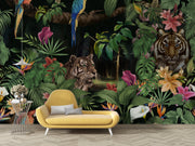 Tigers and parrots tropical jungle wall mural behind a yellow sofa