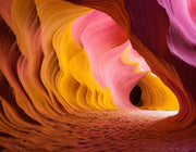 Vibrant Antelope Canyon Wall Mural – Stunning Desert Landscape Wallpaper with Swirling Sandstone Formations in Fiery Orange, Golden Yellow, and Soft Pink Tones.