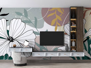 Modern living room with a TV unit against a floral wallpaper