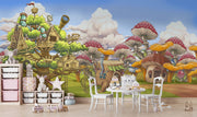 Fantasy wall mural featuring whimsical treehouses, oversized mushrooms, and fairy-tale cottages in a vibrant, enchanted forest setting for kids’ rooms.