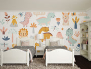 Cute pastel dinosaur mural featuring friendly dino characters, volcanoes, and nature elements for a fun and modern kids' room.