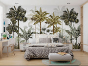 Vintage-style tropical palm tree wall mural with lush green and brown botanical illustrations on a neutral background.