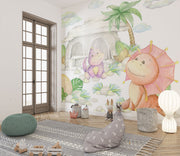 Watercolour little dinosaurs wall mural, perfect for decorating kids room or playroom.