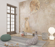 Safari lion cub wall mural featuring a realistic lion cub gazing at a glowing moon, surrounded by stars and warm beige tones, perfect for a cozy nursery.