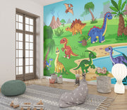 Bright and colorful dinosaur mural featuring friendly cartoon dinosaurs, volcanoes, and lush jungle scenery for a playful kids' room.