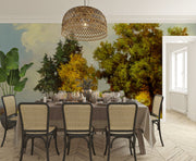 Hand-painted wall mural featuring golden forest trees, a winding pathway, and warm sunlight illuminating a peaceful woodland landscape.