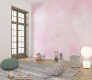 Blush Dreams soft pink watercolor wall mural in a modern kids' playroom.