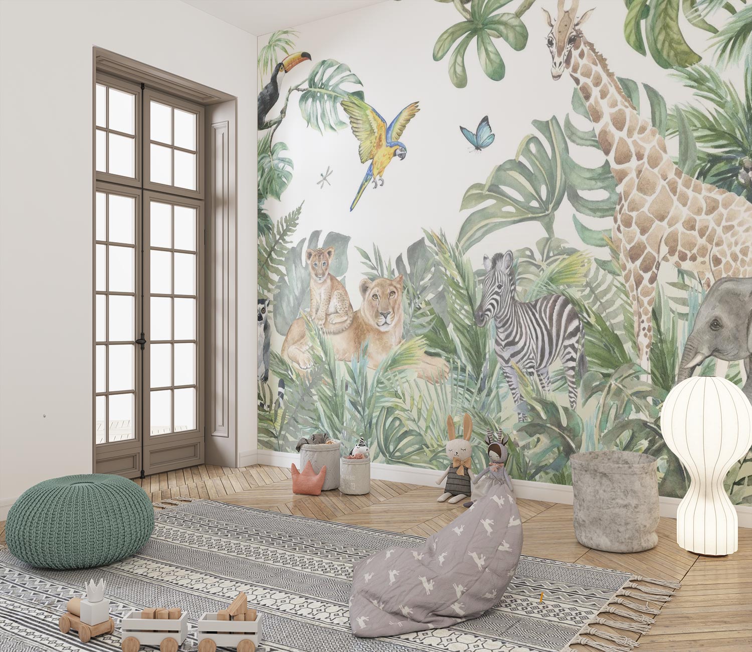 Safari adventure wall mural featuring watercolor jungle animals such as lions, giraffes, zebras, and parrots, styled in a cozy kids' playroom.