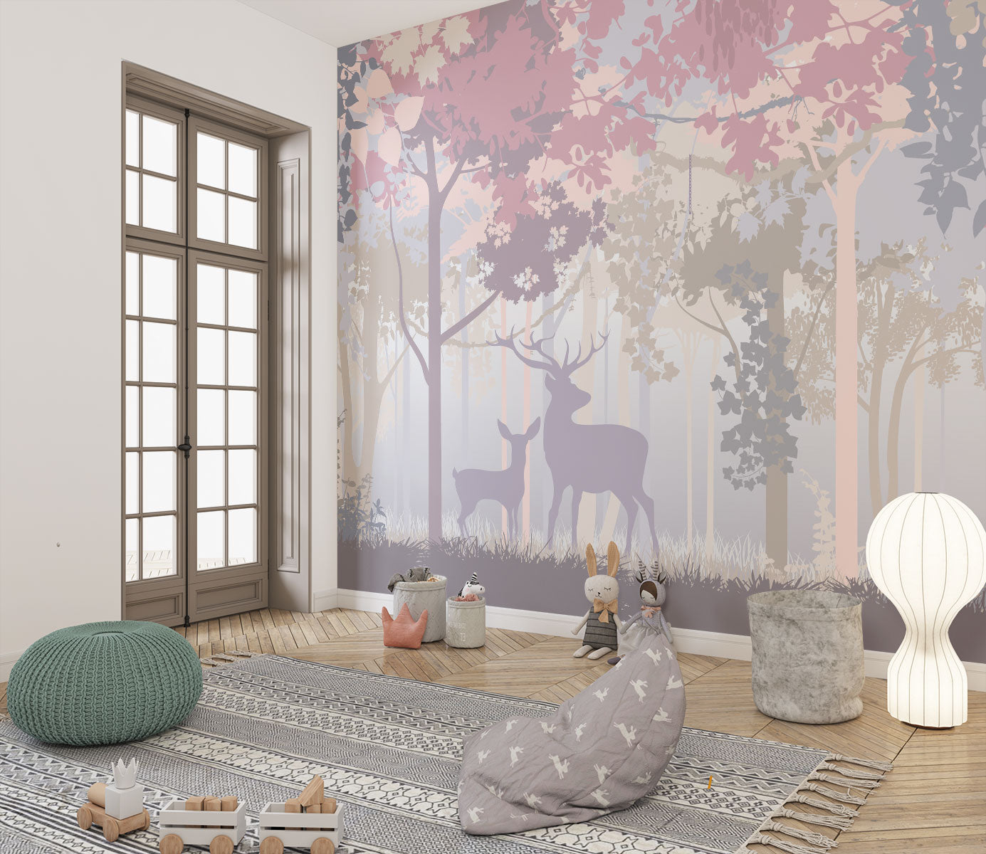 Deer and woodland silhouette mural with soft pastel trees, creating a peaceful forest scene for kids’ rooms and nurseries.