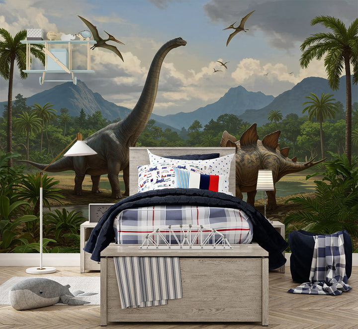 Realistic dinosaur wall mural featuring a Brachiosaurus, Stegosaurus, lush jungle landscape, towering palm trees, and flying pterosaurs in a prehistoric setting.