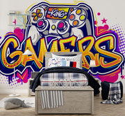 Graffiti-style gaming wall mural with a colorful controller, vibrant gamer room wallpaper for gaming setups and streamers.