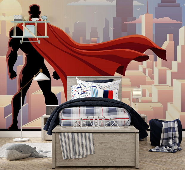 Wall mural depicting a superhero in a red cape looks over the city.