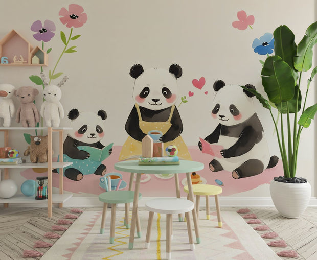 A children's room featuring a playful mural of a panda family enjoying a tea party, with pastel-colored flowers, cozy decor, and plush toys.