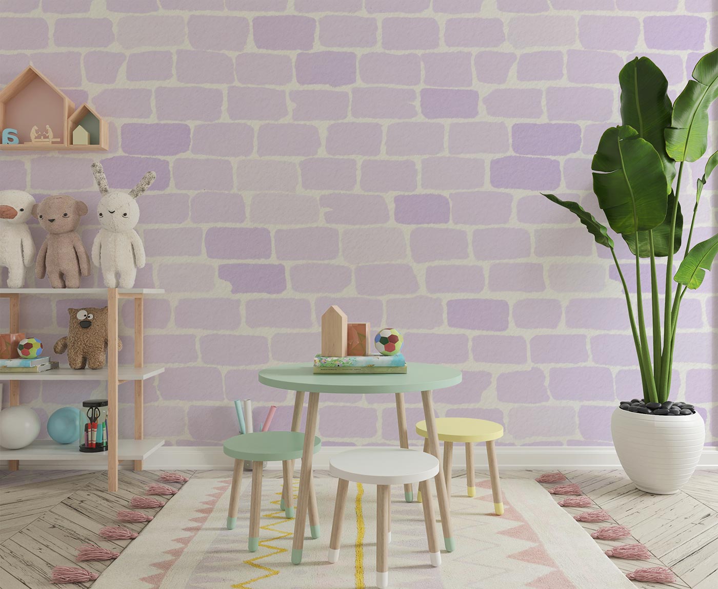 Lavender brick-patterned wall mural with soft pastel tones, decorating a kid's playroom featuring a small table, chairs, toys and a large potted plant.