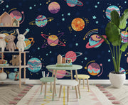 Space-themed wall mural for kids featuring colorful planets, stars, and galaxies on a navy blue background, perfect for children's room decor.