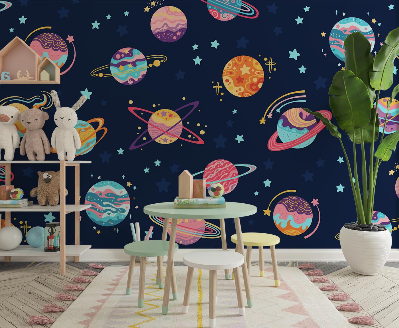 Space-themed wall mural for kids featuring colorful planets, stars, and galaxies on a navy blue background, perfect for children's room decor.