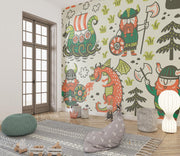 Illustrated Viking-themed wall mural featuring cartoon Vikings, dragons, Viking ships, and playful forest elements, perfect for kids' rooms, nurseries, or playroom décor.