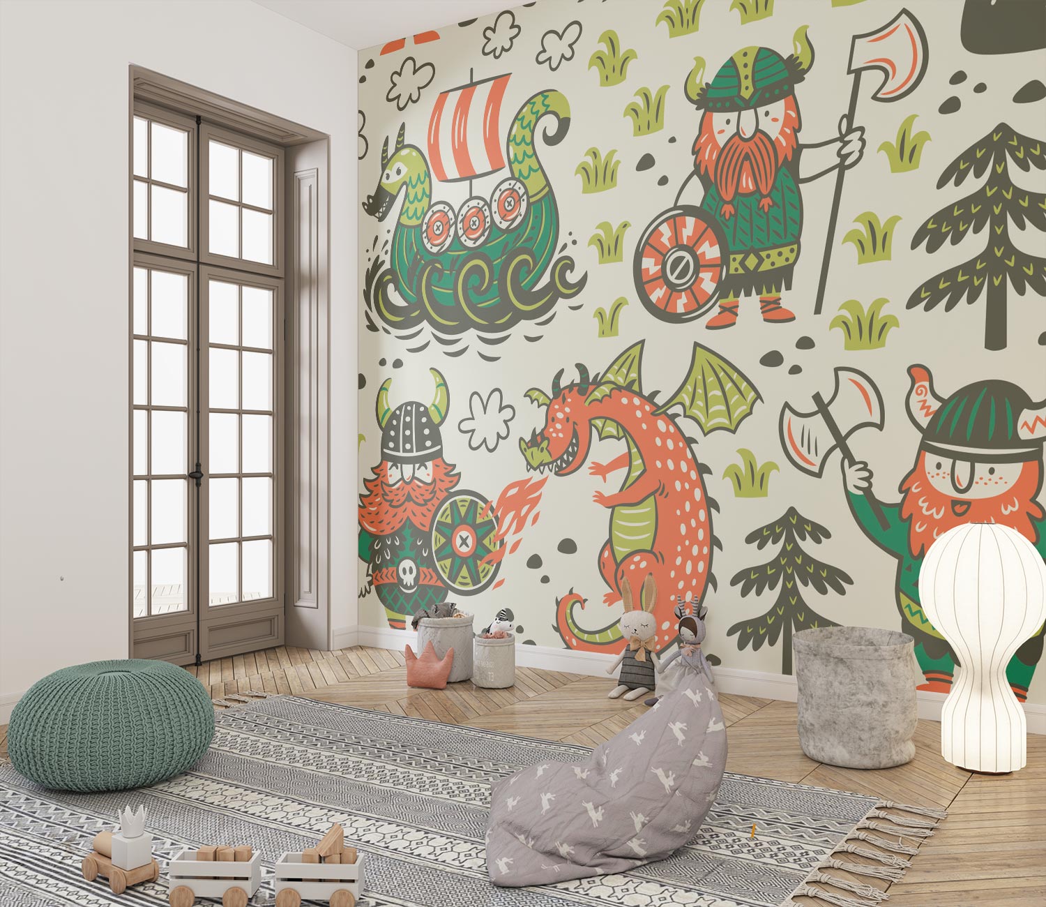 Illustrated Viking-themed wall mural featuring cartoon Vikings, dragons, Viking ships, and playful forest elements, perfect for kids' rooms, nurseries, or playroom décor.