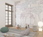 Soft Watercolor Forest Wall Mural with pastel trees in muted tones, creating a serene and dreamy natural atmosphere.