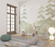 Soft pastel woodland wall mural with trees, a deer, and a dreamy forest landscape for nurseries and kids' rooms.