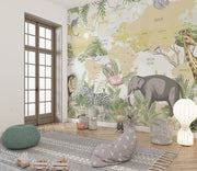 Children's world map wall mural with illustrated safari animals and tropical plants, styled in modern nursery setting.