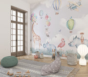 Safari-themed wall mural with watercolor animals, hot air balloons, and a pastel sky—ideal for nursery and kids' room décor.