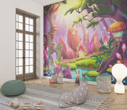 Enchanted forest wallpaper with vibrant colors, fairy-tale scenery, and a peaceful, whimsical ambiance. Ideal for kid's rooms, nurseries and creative spaces.