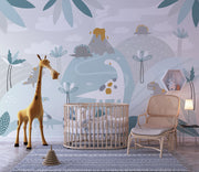 Pastel dinosaur wall mural with friendly dinosaurs, volcano, and soft greenery in muted colors, ideal for decorating nurseries, playrooms, and kids’ bedrooms.