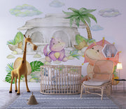 Watercolour little dinosaurs wall mural, perfect for decorating kids room or playroom.