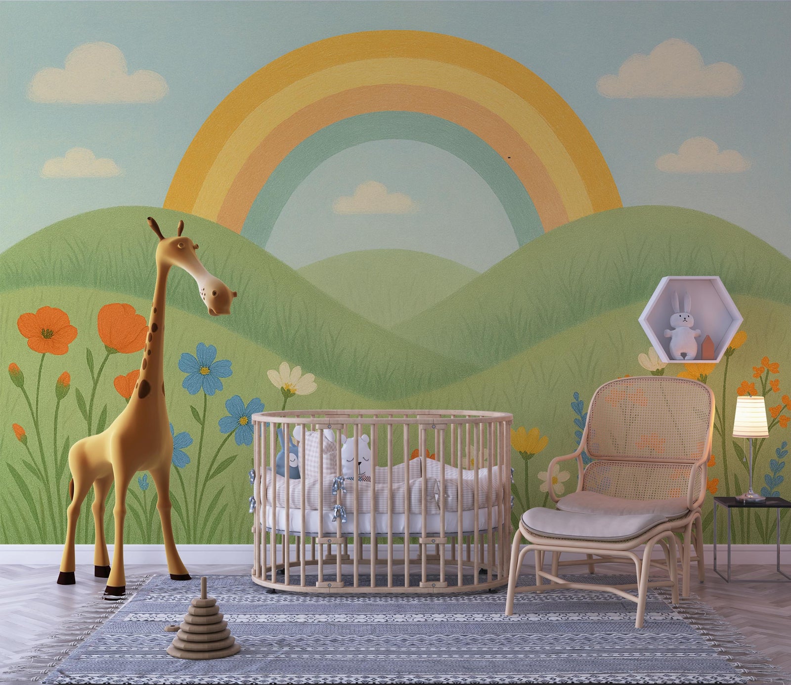 Nursery wall with pastel rainbow mural, green hills, colorful flowers, and a crib with plush toys in front.