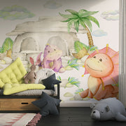 Watercolour little dinosaurs wall mural, perfect for decorating kids room or playroom.